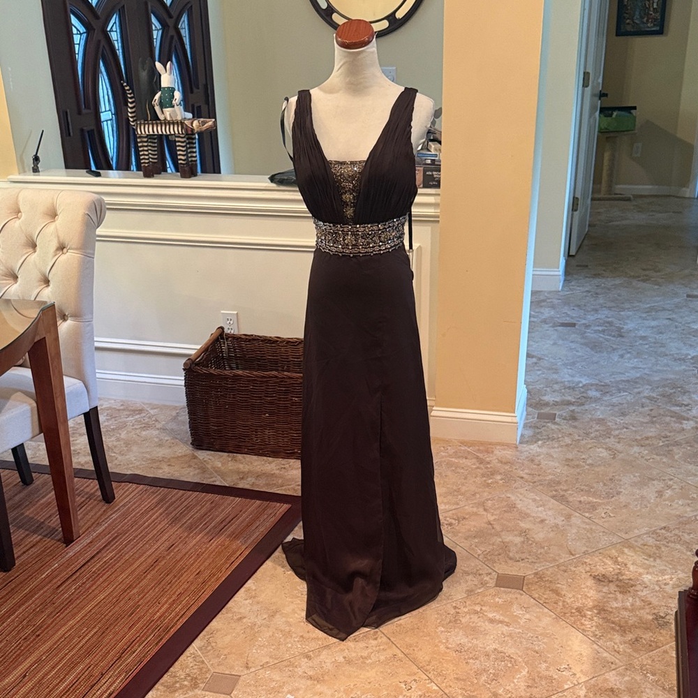 Riva Designs Brown Prom Dress with Bedazzled Waist